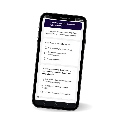 Page internet questionnaire ouvert sur un téléphone portable